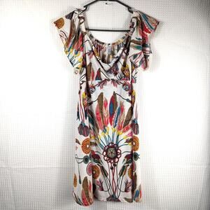 Yee M Made in USA Multicolor Parrot Feather Print Dress Flutter Sleeve Boho